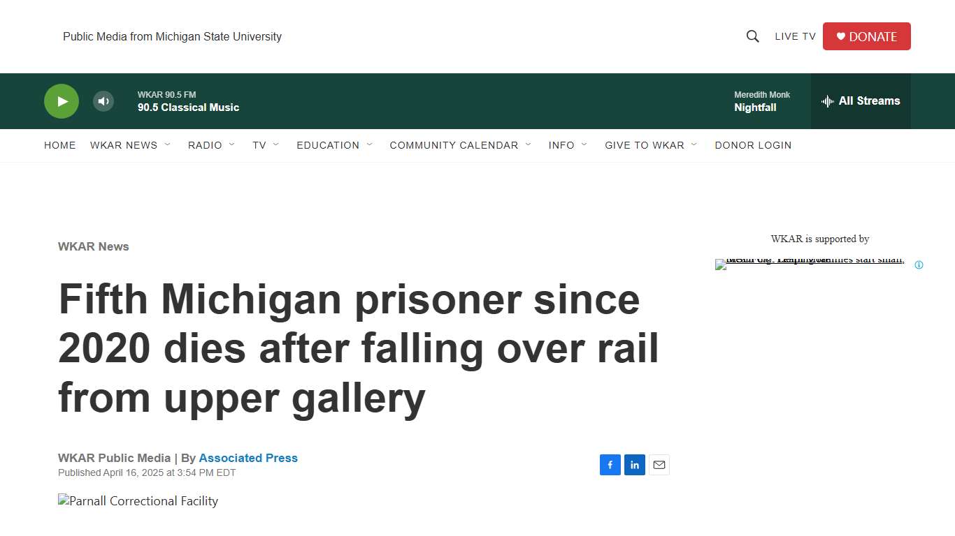 Fifth Michigan prisoner since 2020 dies after falling over rail from upper gallery WKAR Public Media