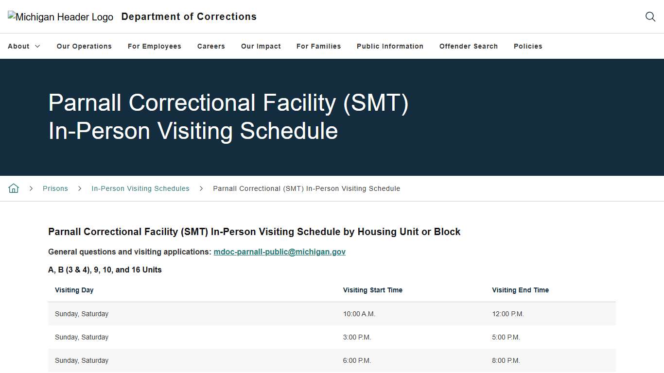 Parnall Correctional Facility (SMT) In-Person Visiting Schedule